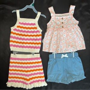 Girls Two-Piece Knit Tank & Skirt Set with Pink Daisy Top and Blue Shorts